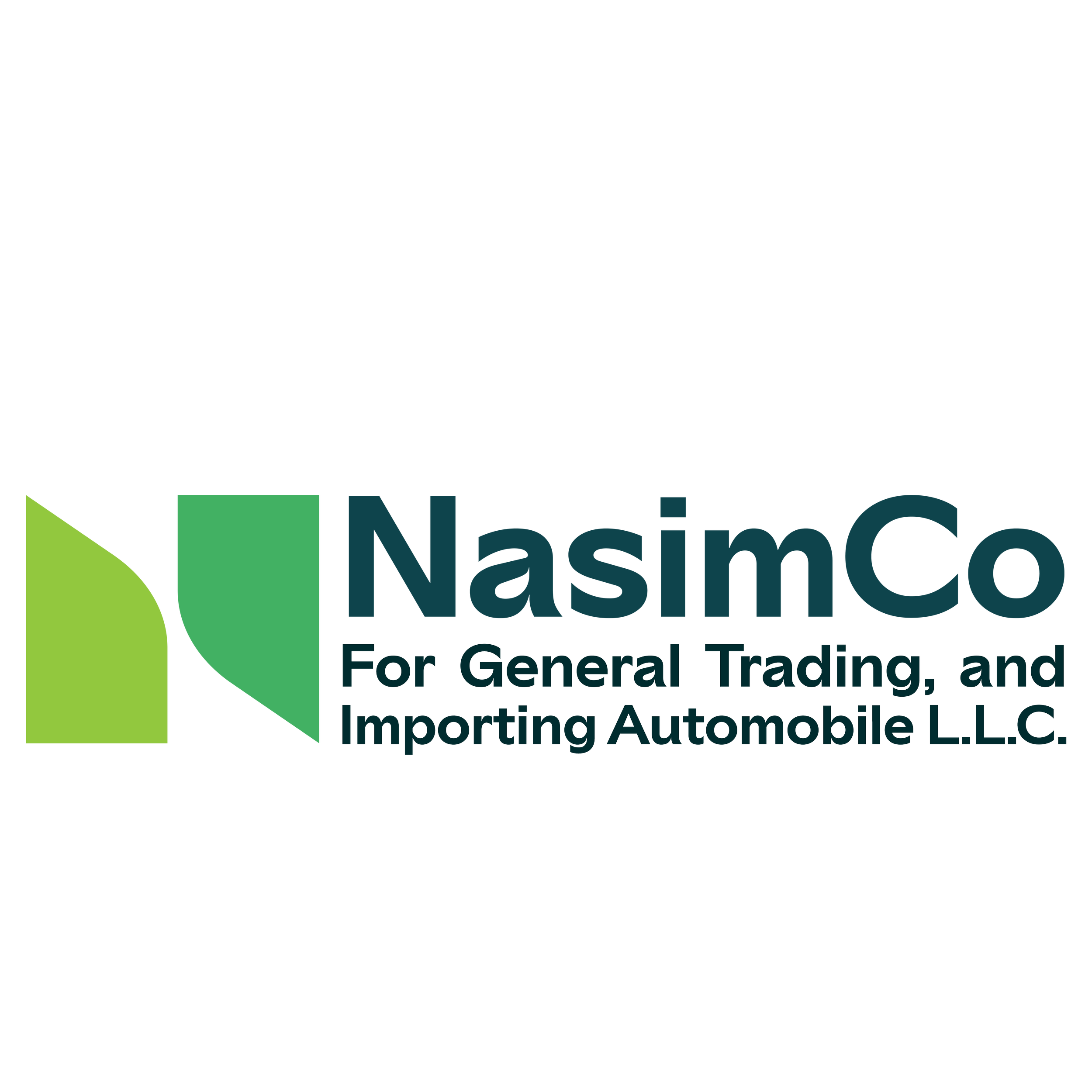 Logo for NasimCo, featuring a green and dark teal design with the company name and tagline, 'For General Trading, and Importing Automobile L.L.C.'