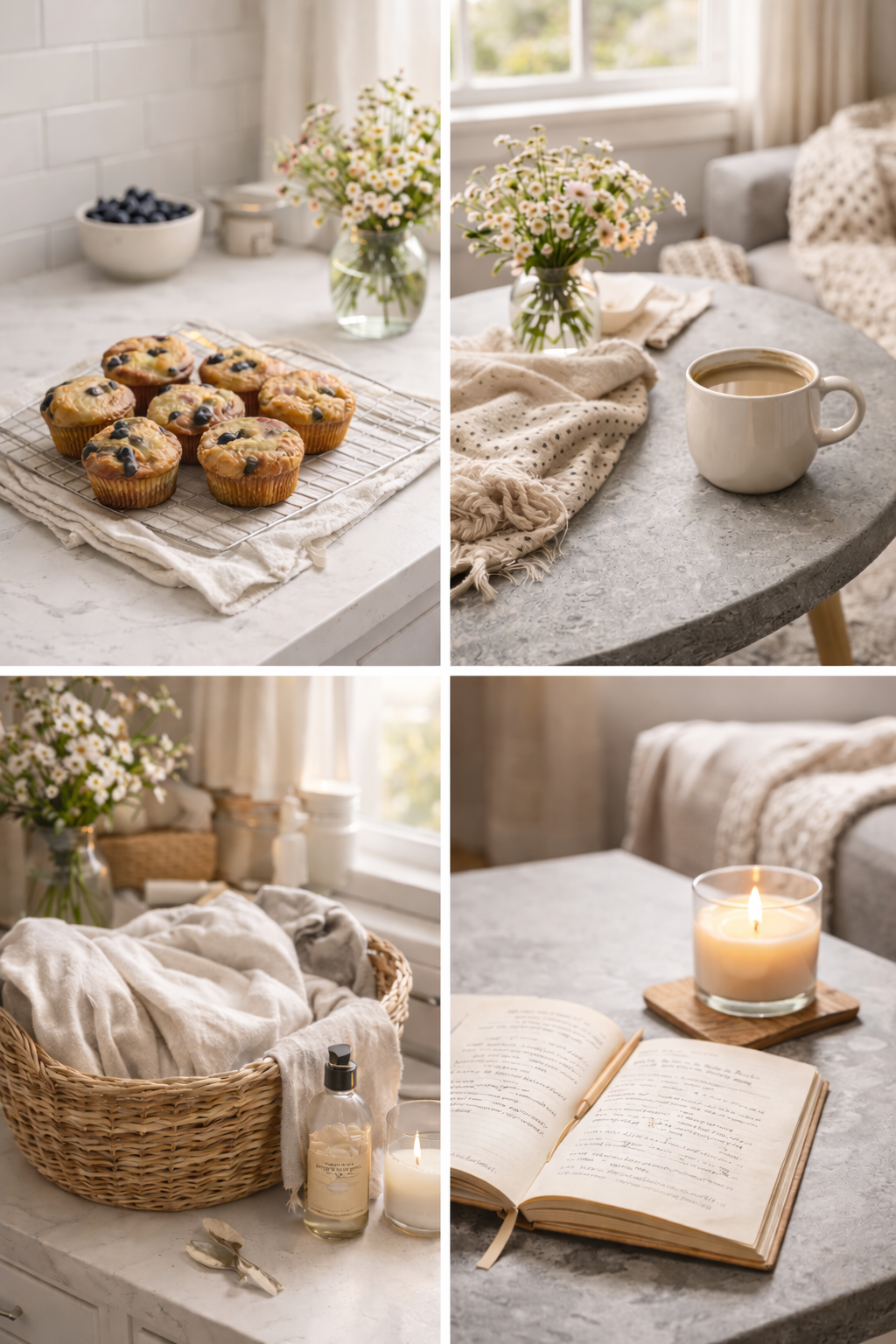 Collage of cozy morning scenes including blueberry muffins on a cooling rack with daisies in a vase, a cup of coffee, a basket of blankets, a lit candle and an open book on a marble table, all set in a bright, softly decorated room.