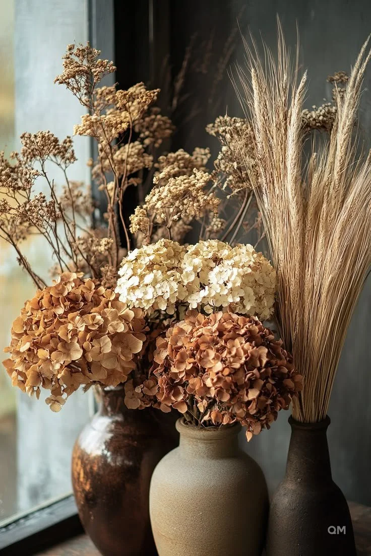 Vase arrangement of dried hydrangeas, grasses, and branches near a window with soft natural light.