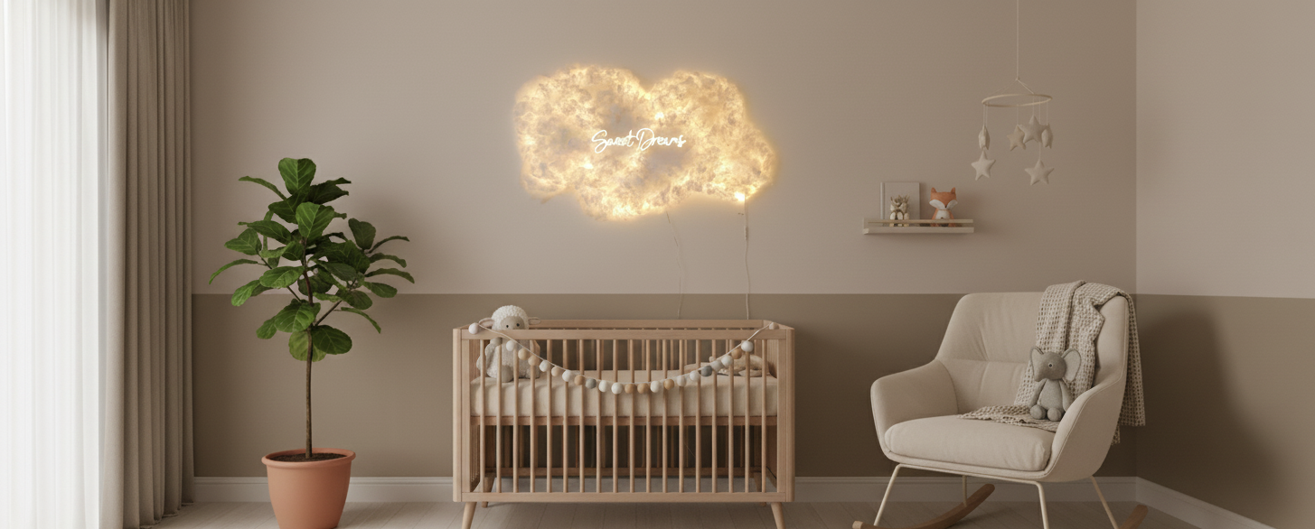 Nursery room with a crib, plush toys, a rocking chair with a teddy bear, a potted plant, and a cloud-shaped light with neon sign reading 'Sweet Dream' on the wall.