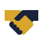 A graphic of two hands shaking, one in a dark sleeve and the other in a light sleeve, representing agreement or partnership.