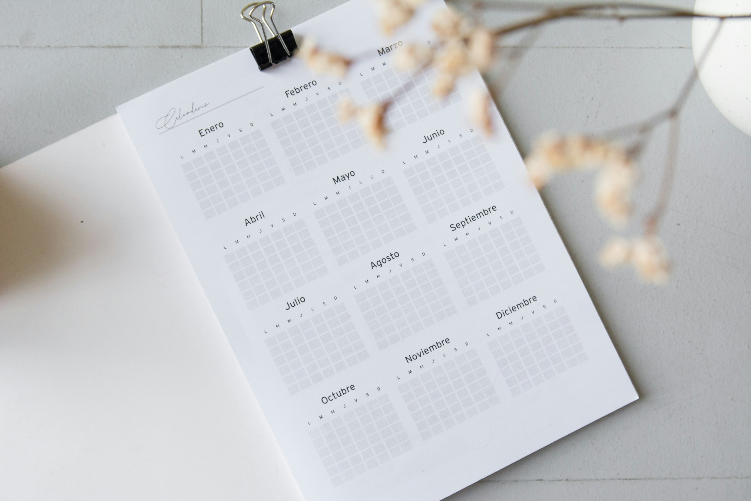 A printed calendar page displaying months in Spanish, with a black binder clip at the top. A blurry branch with dried flowers partially obscures the page, which is on a light-colored surface.