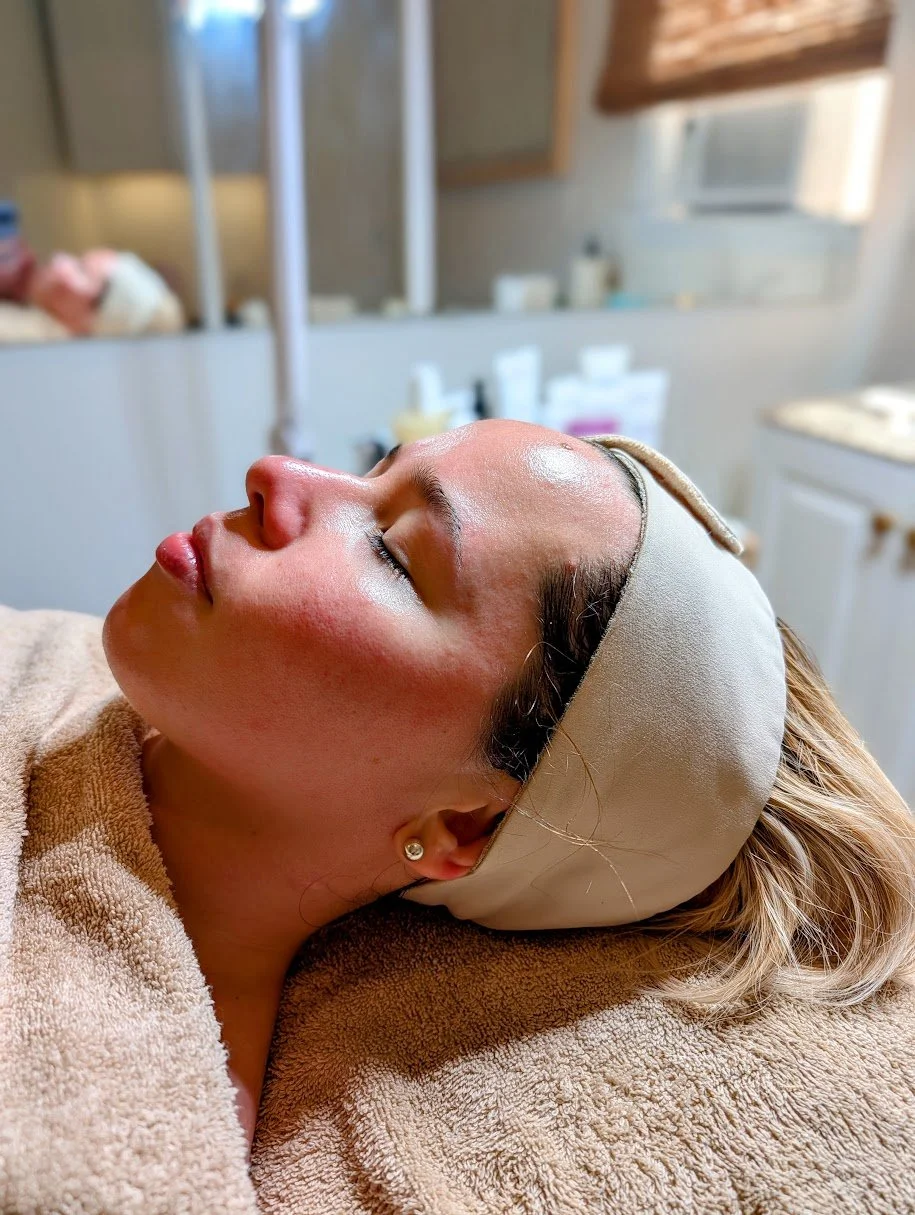 A woman lying down with eyes closed, wearing a headband, in a spa or skincare treatment room.