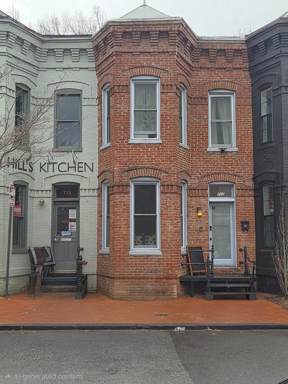 A row of townhouses with a small brick building in the middle, featuring multiple windows and front steps. The neighboring buildings are painted in light green and dark gray.