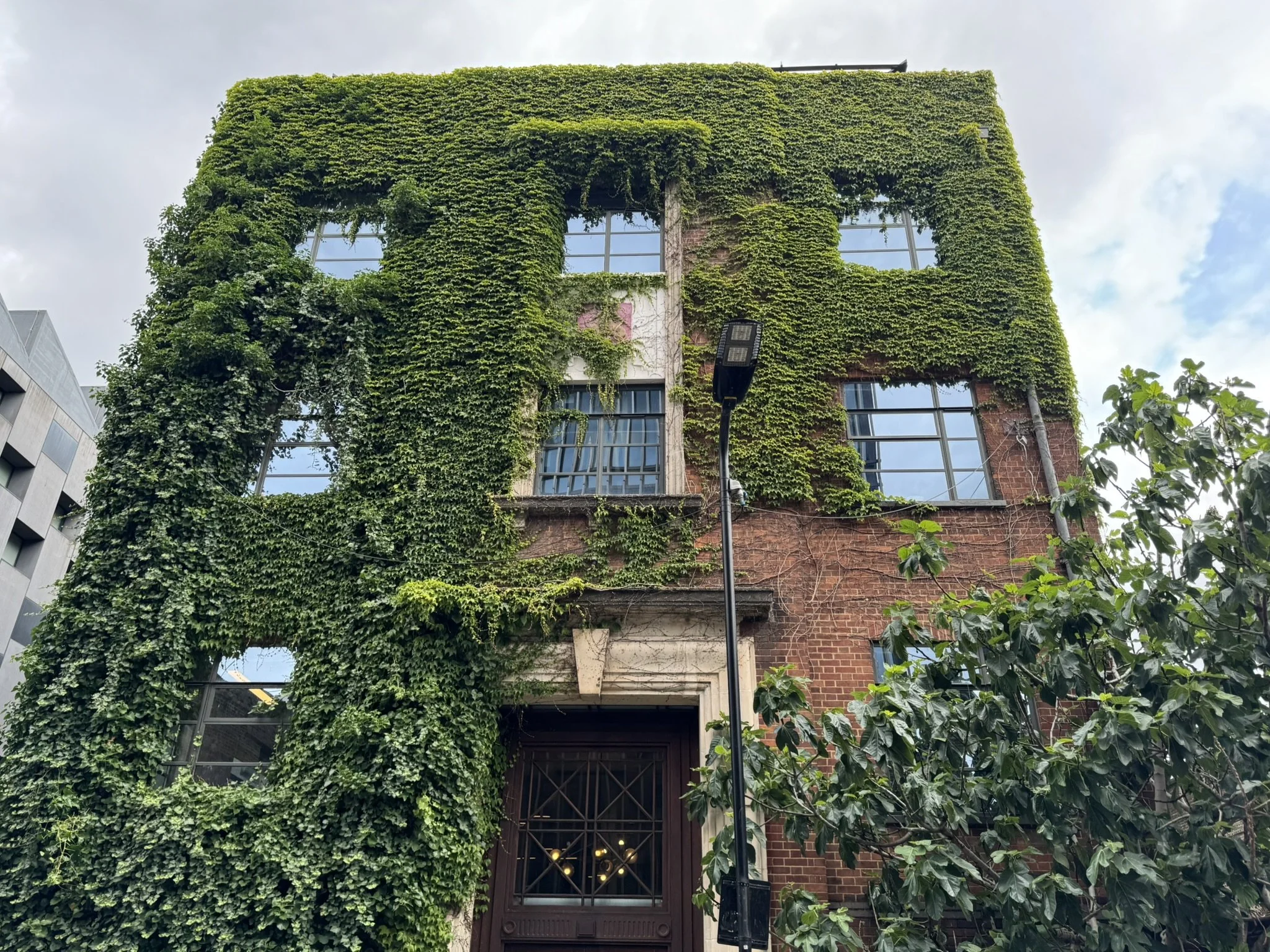 A brick building covered with green ivy, with large windows and a decorative entrance, under a cloudy sky.