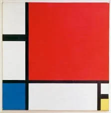 Abstract geometric artwork with red, blue, white, black, and yellow blocks