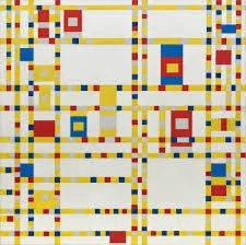 Abstract pixel art with a grid of colorful squares and rectangles in red, blue, yellow, and beige on a white background.