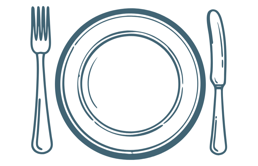 Illustration of a dinner plate with a fork on the left and a knife on the right.