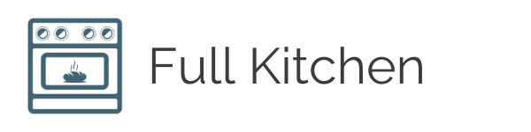 Icon of a stove with an oven and a steaming dish, next to the text 'Full Kitchen'