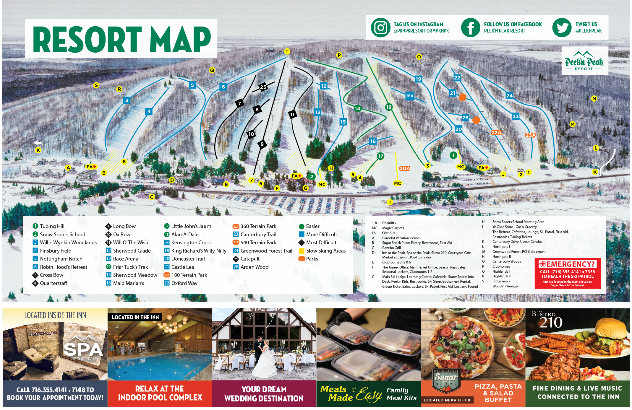A resort ski map of Peek'n Peak in Clymer, NY showing various ski runs in blue, black, and green, with marked ski trail names and locations of amenities, parking, and snow sports school areas.