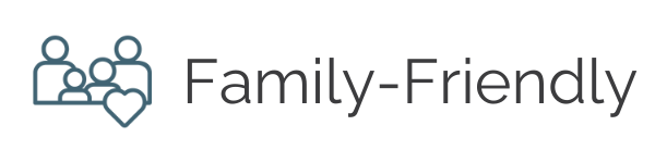A logo with a blue outline of a family with three people and a heart, next to the words "Family-Friendly"