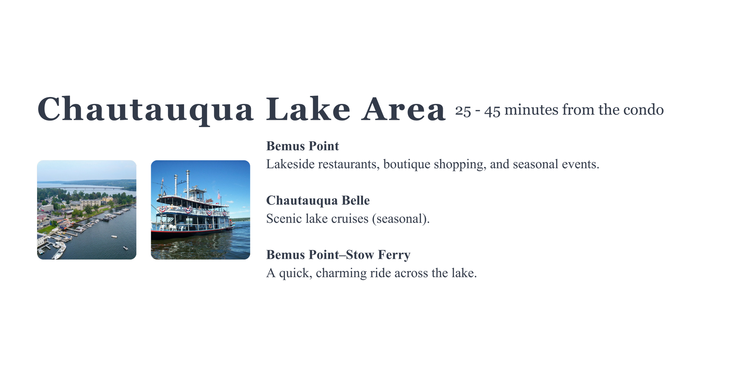 A scenic park map of the Chautauqua Lake Area showing two photos: an aerial view of a marina and lake, and a boat on the water. The map highlights attractions like the lakeside restaurants, boutique shopping, seasonal lake cruises, and a ferry crossing.
