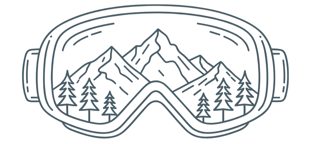 Illustration of mountain landscape with pine trees inside ski goggles.