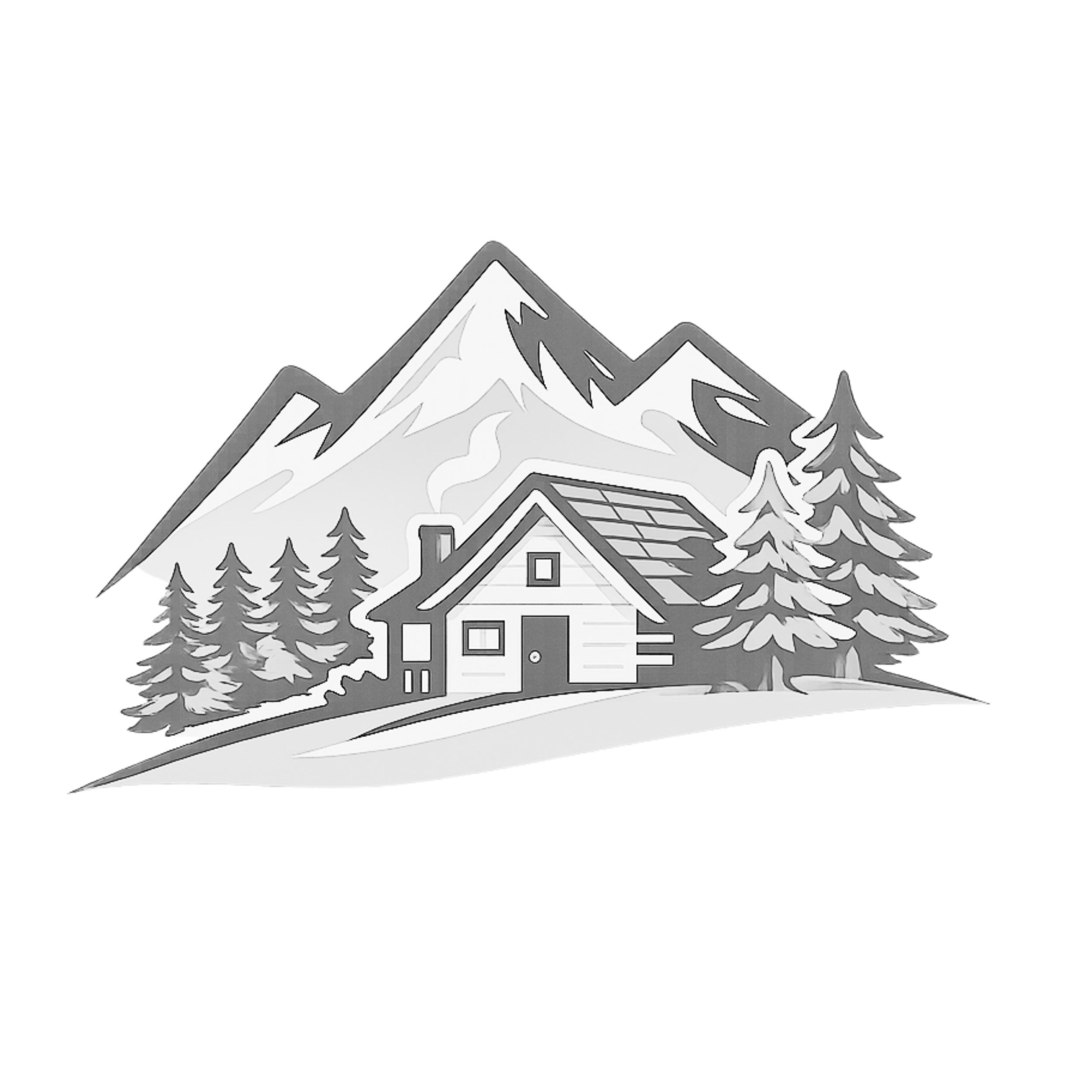 Black and white illustration of a small house surrounded by pine trees, with mountains in the background.