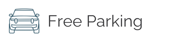 Icon of a car next to the text 'Free Parking' on a black background.