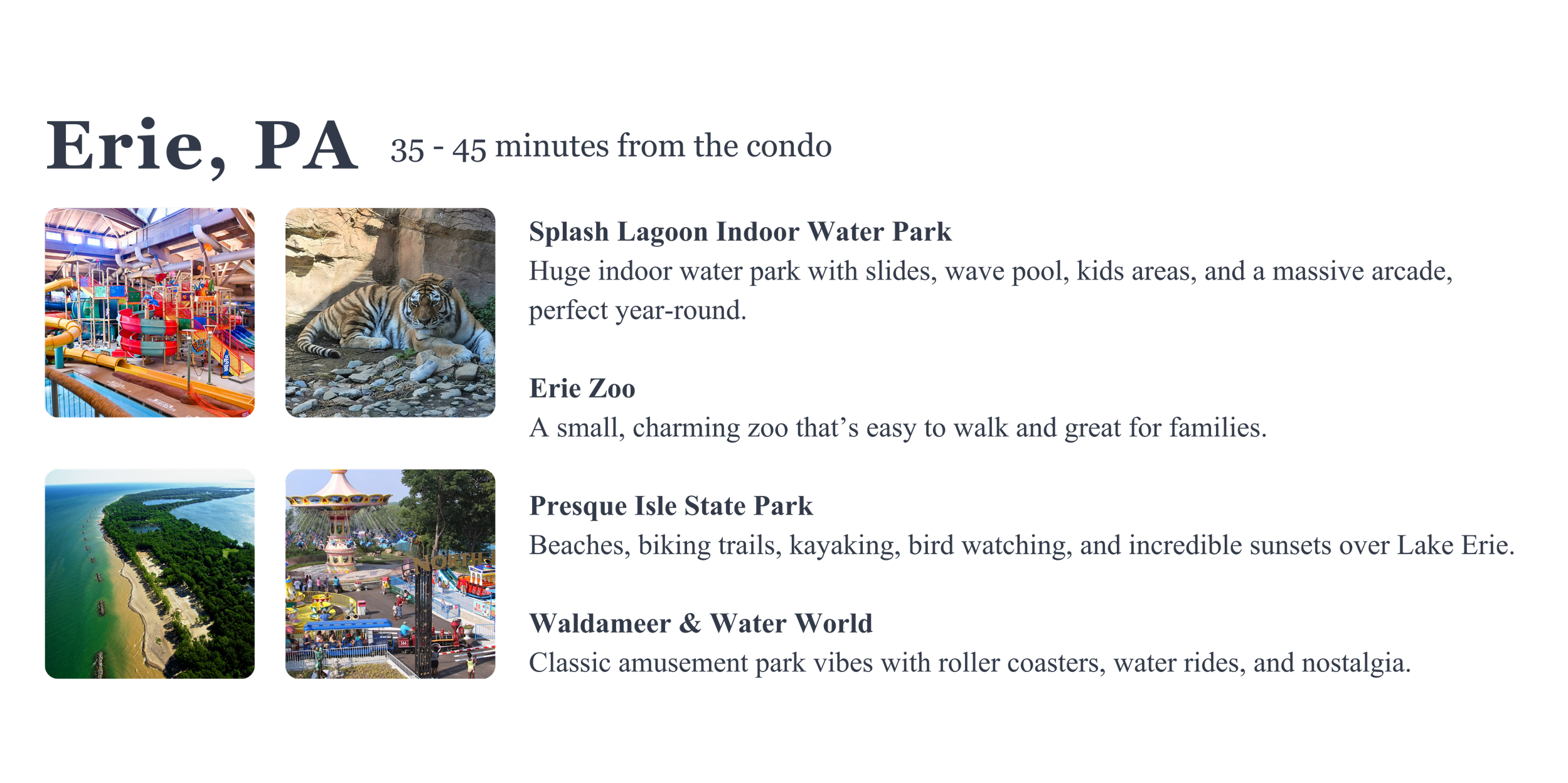 A webpage highlighting attractions in Erie, PA, including a colorful indoor water park, a tiger at the zoo, a waterfront park with beaches and trails, and an amusement park with roller coasters and water rides.