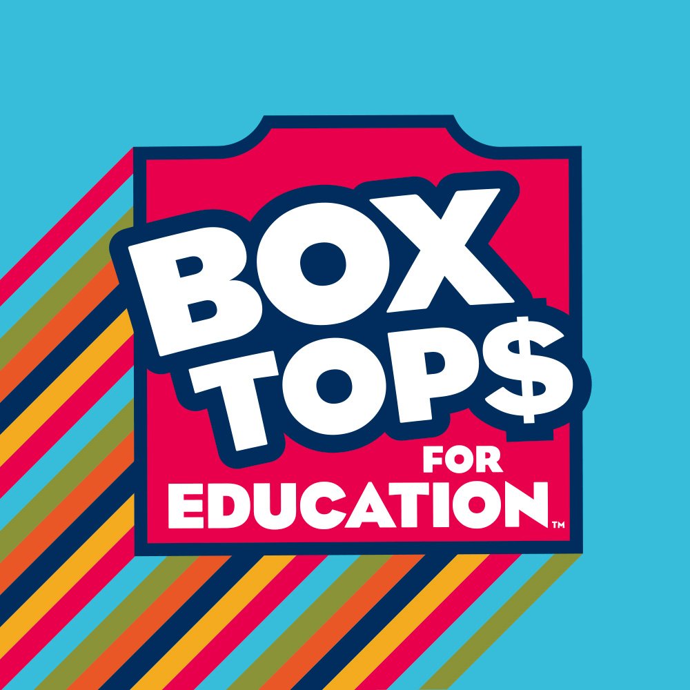 Colorful logo with text that says 'Box Tops for Education' on a blue background.