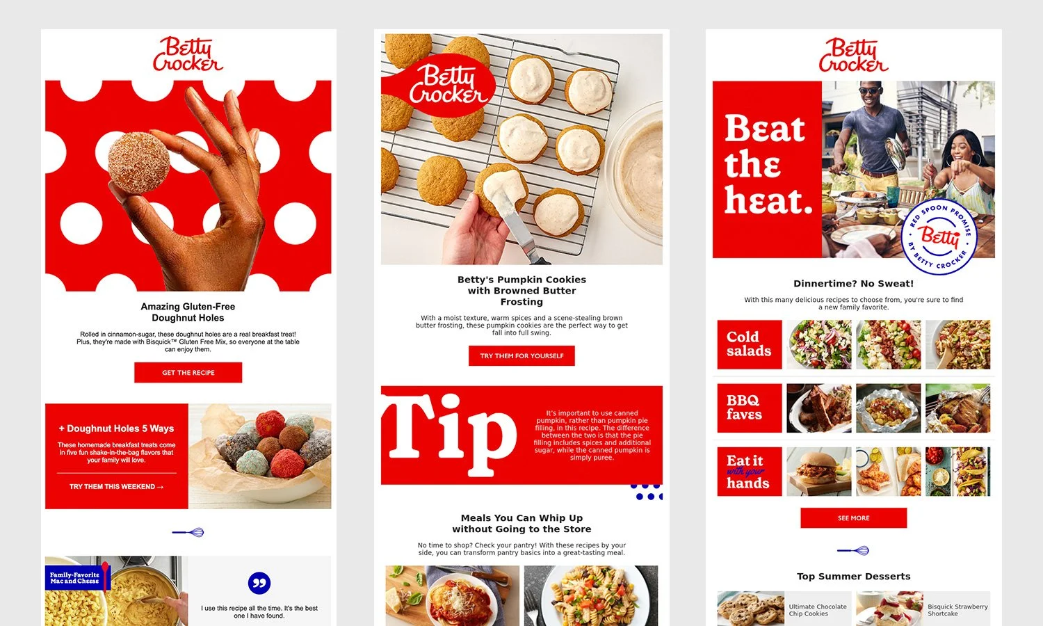 Three promotional food images for Betty Crocker products, featuring gluten-free doughnut holes, pumpkin cookies with browned butter frosting, and a collage of summer desserts.