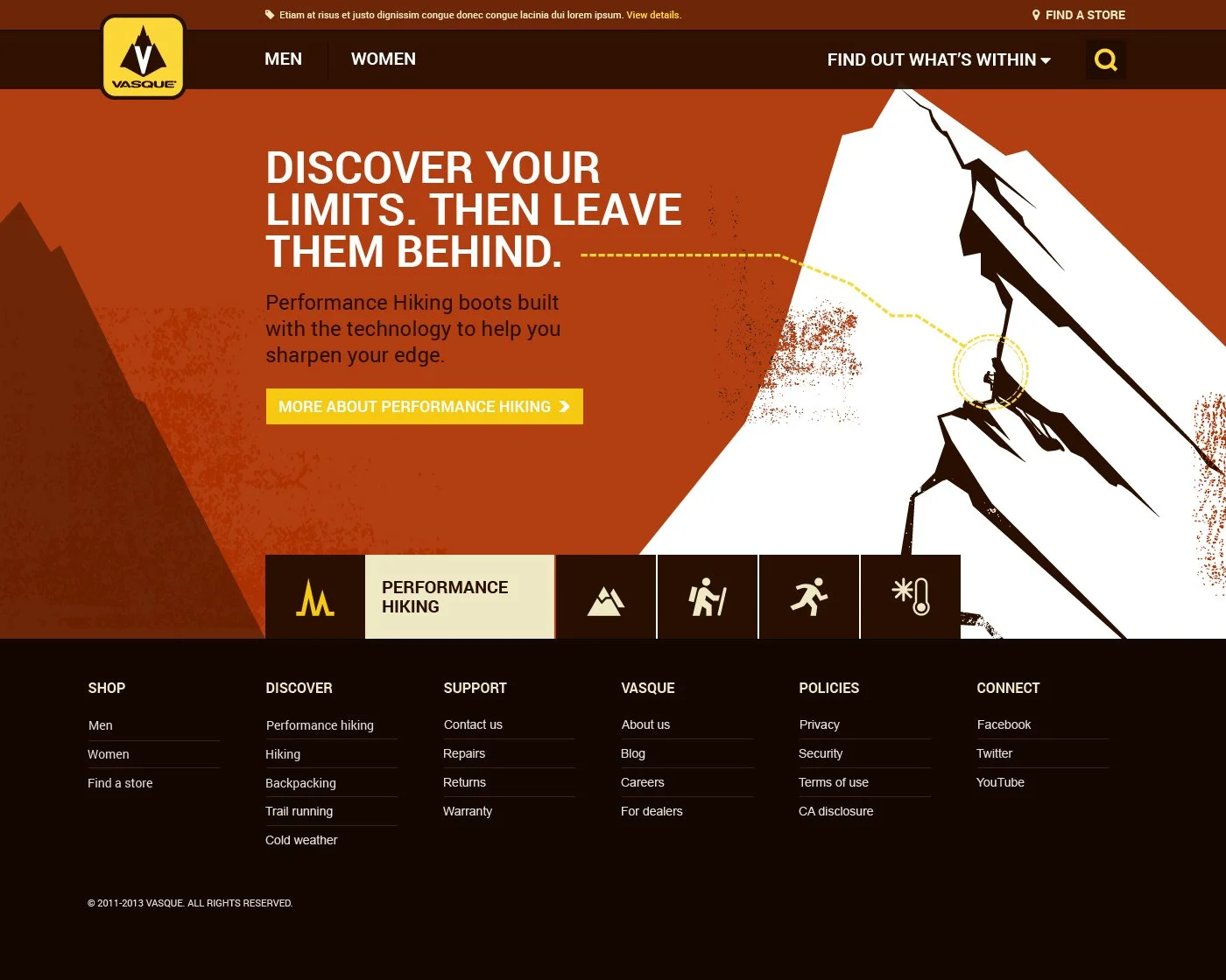 Screenshot of a website with a mountain climbing theme. It features a mountain illustration, navigation menu for men and women, search bar, and a promotional message about hiking boots. The website offers sections on performance hiking, hiking, backp