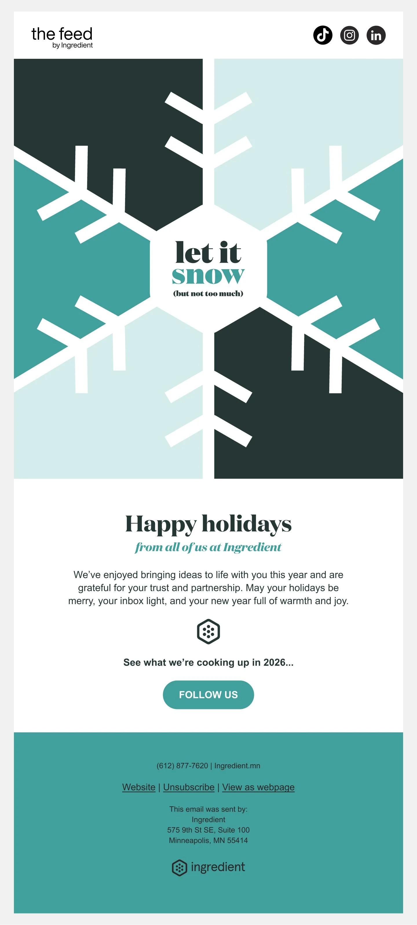 Holiday email newsletter design with snowflake graphic, ingredient company branding, and holiday greeting with contact information.