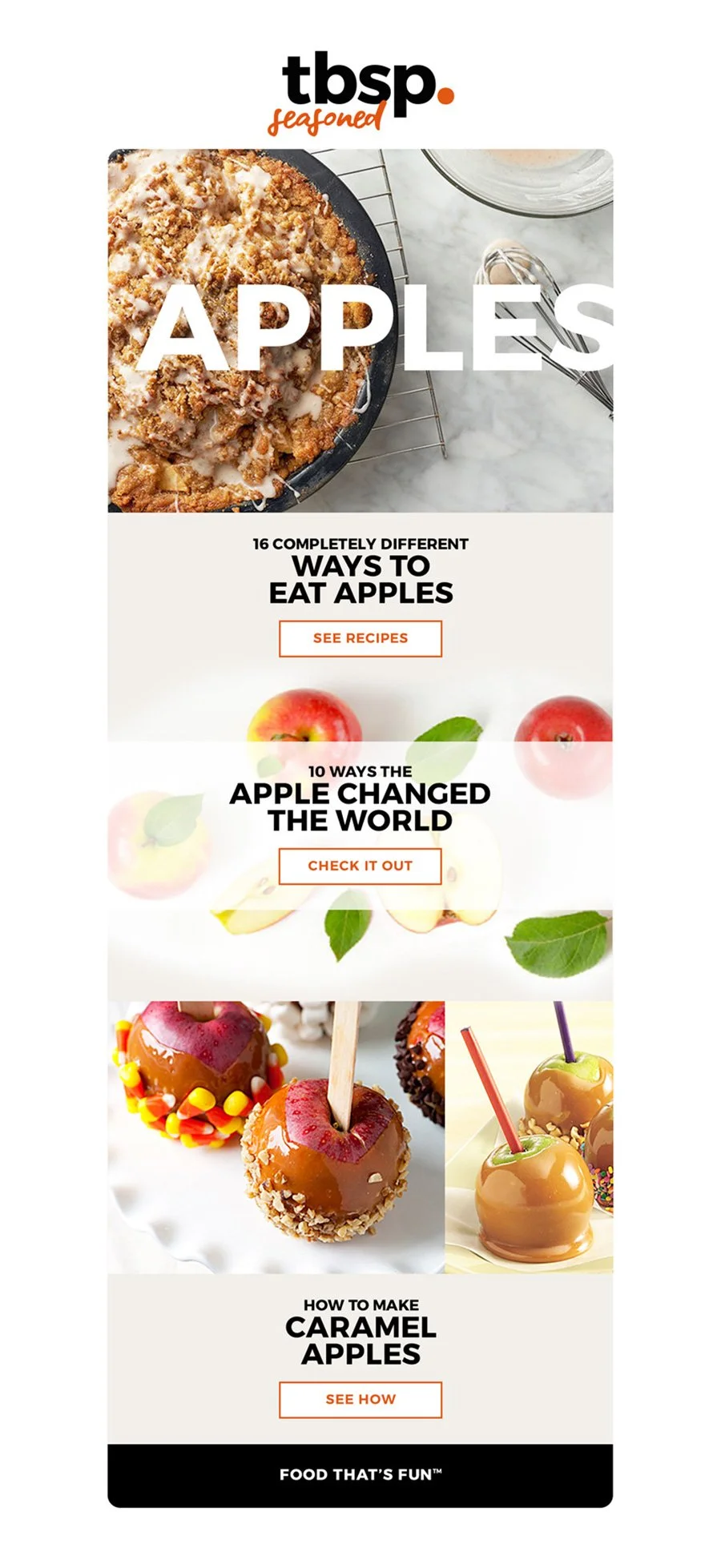 Promotional graphic for 'tbsp. seasoned' featuring apples and apple-based recipes, including a baked apple dessert, caramel apples, and decorated candy apples.