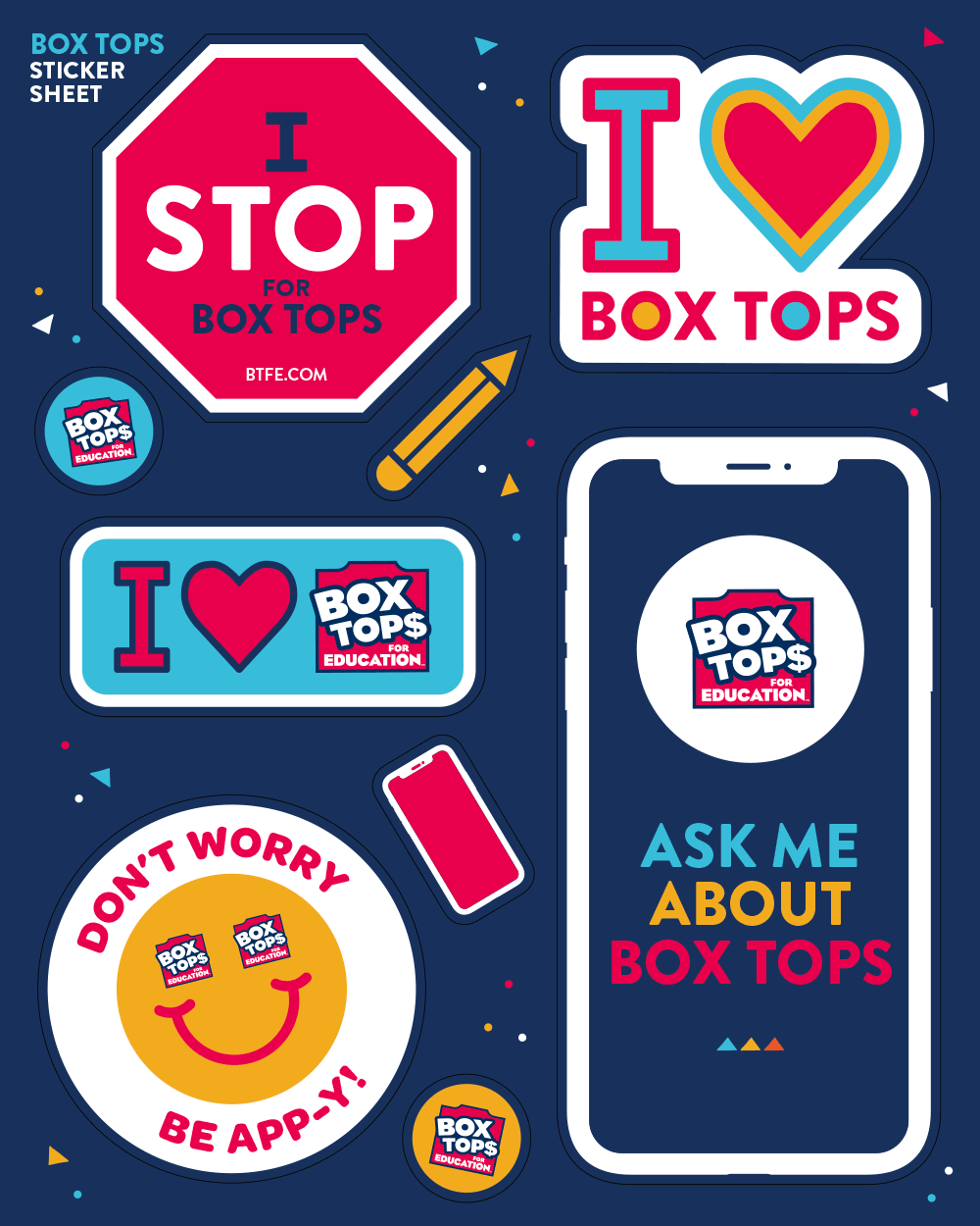 A collection of stickers and signs promoting Box Tops for Education, featuring phrases like 'I love Box Tops' and 'I stop for Box Tops', along with a smartphone displaying the Box Tops logo, and small decorative confetti.