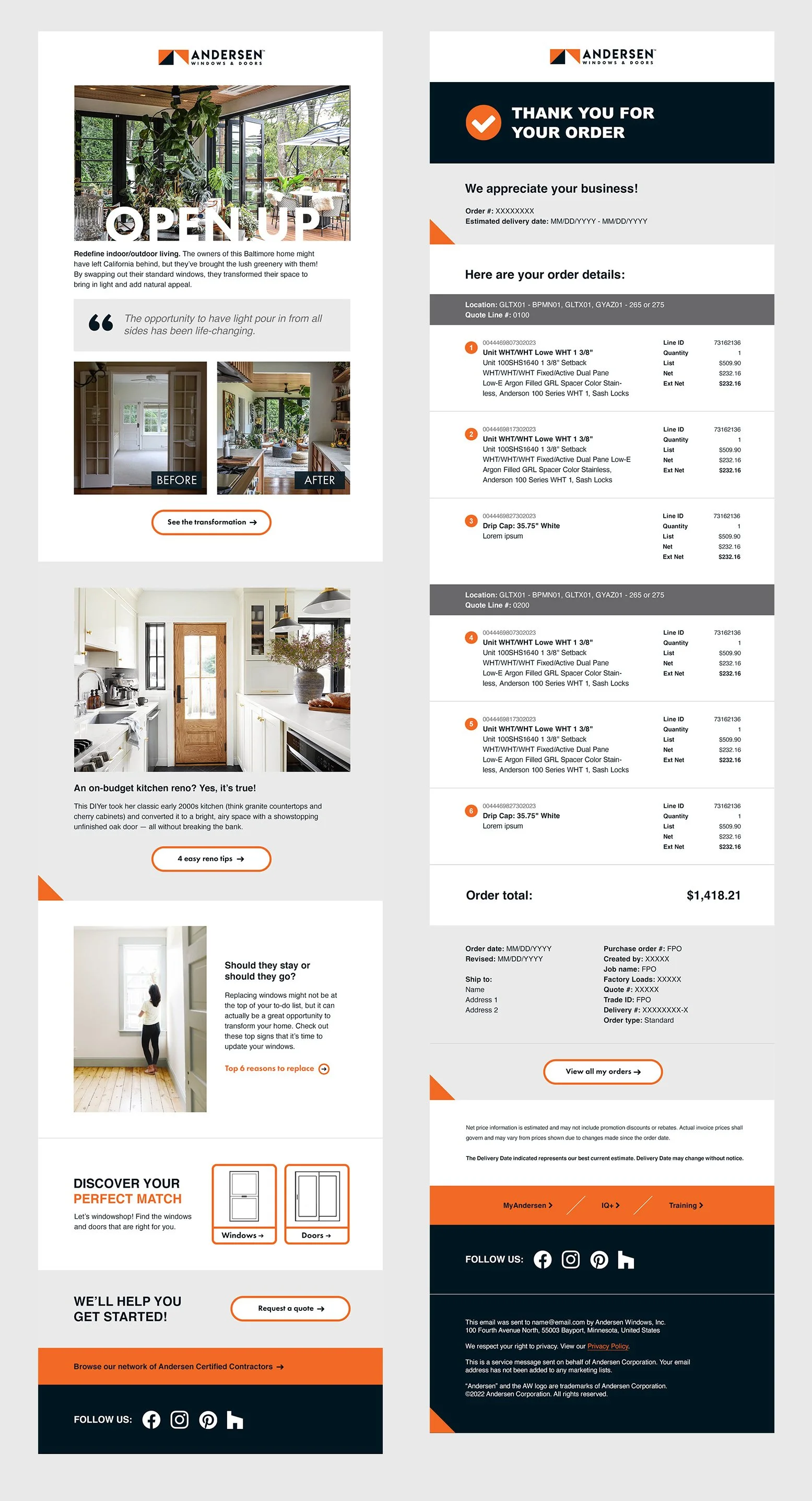 Brochure from Andersen Windows & Doors featuring home renovation ideas, customer order confirmation, and product information with images of a bright living room, a kitchen, and a person updating window standards.
