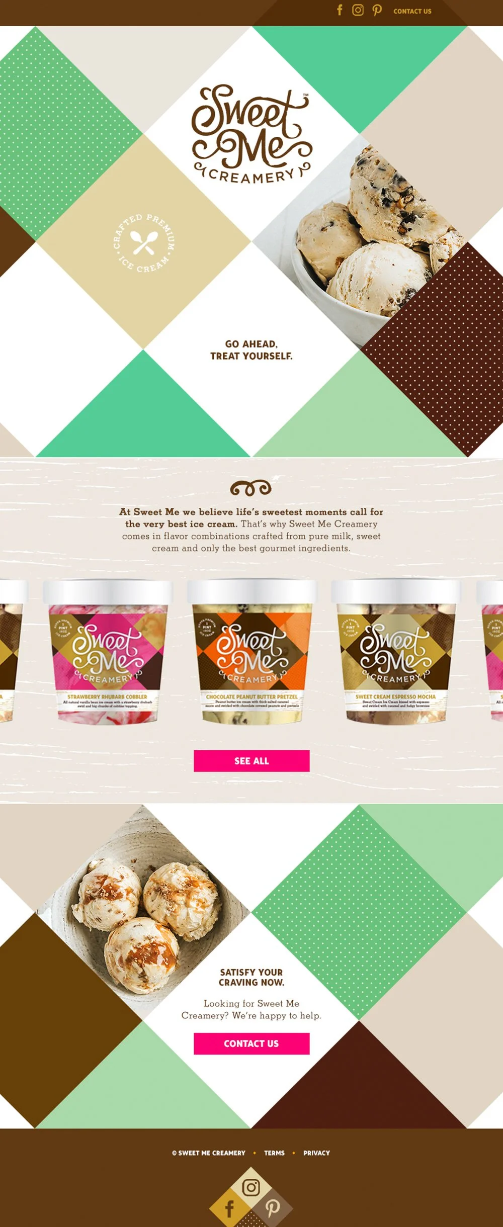 An ice cream shop or website homepage featuring a colorful, geometric background design, the shop's logo 'Sweet Me Creamery', images of ice cream scoops in a bowl, and ice cream containers with various flavors like strawberry rhubarb cobbler, chocola