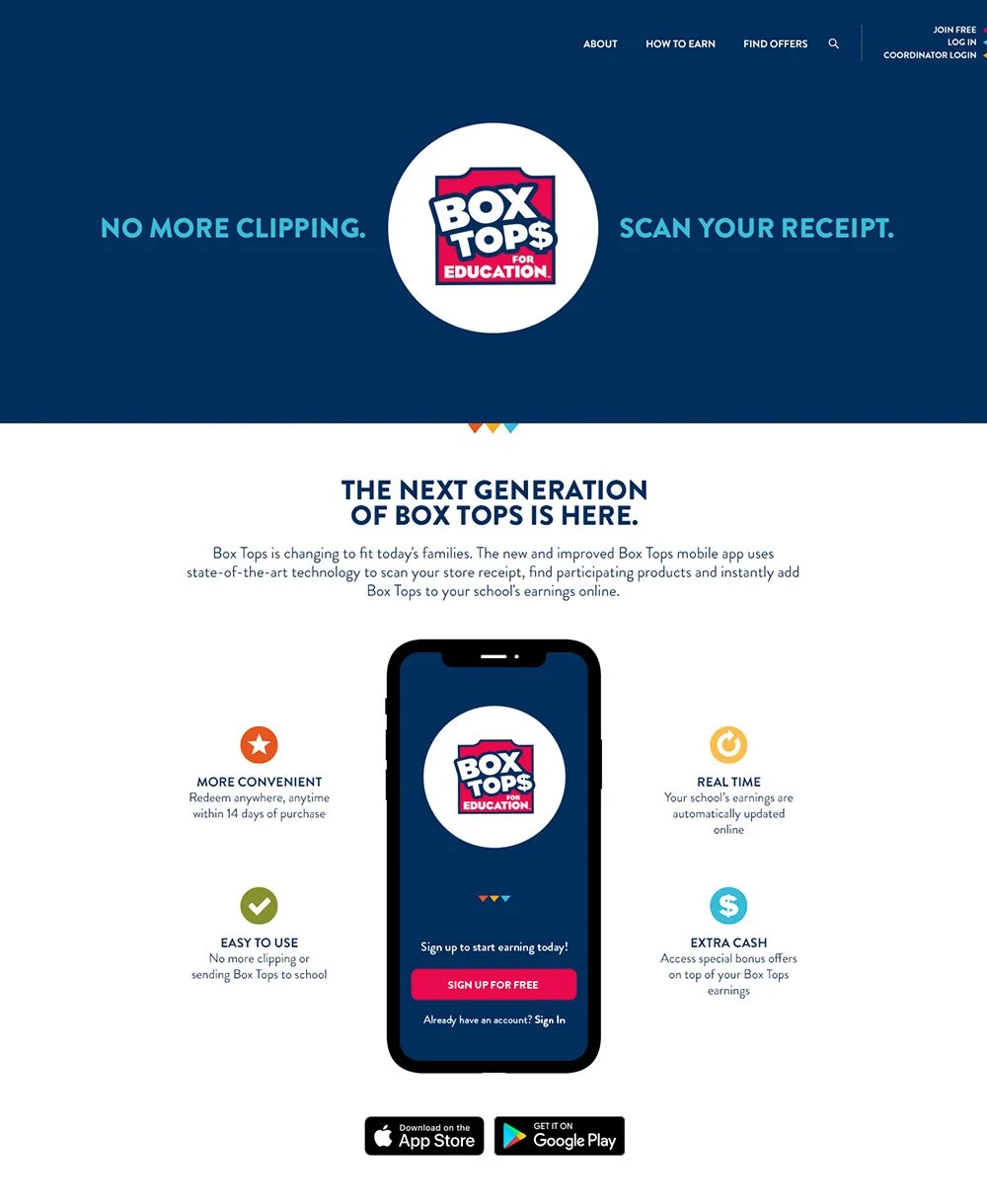 Screenshot of the Box Tops for Education website showing the brand logo, app features, and download links.