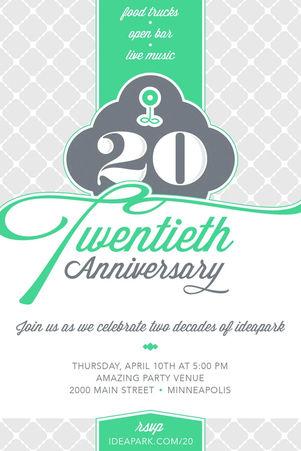 A 20th anniversary celebration poster for ideapark, featuring a green and gray color scheme, a stylized number 20 with a graphic of a parking tag, and details about the event on April 10th in Minneapolis.