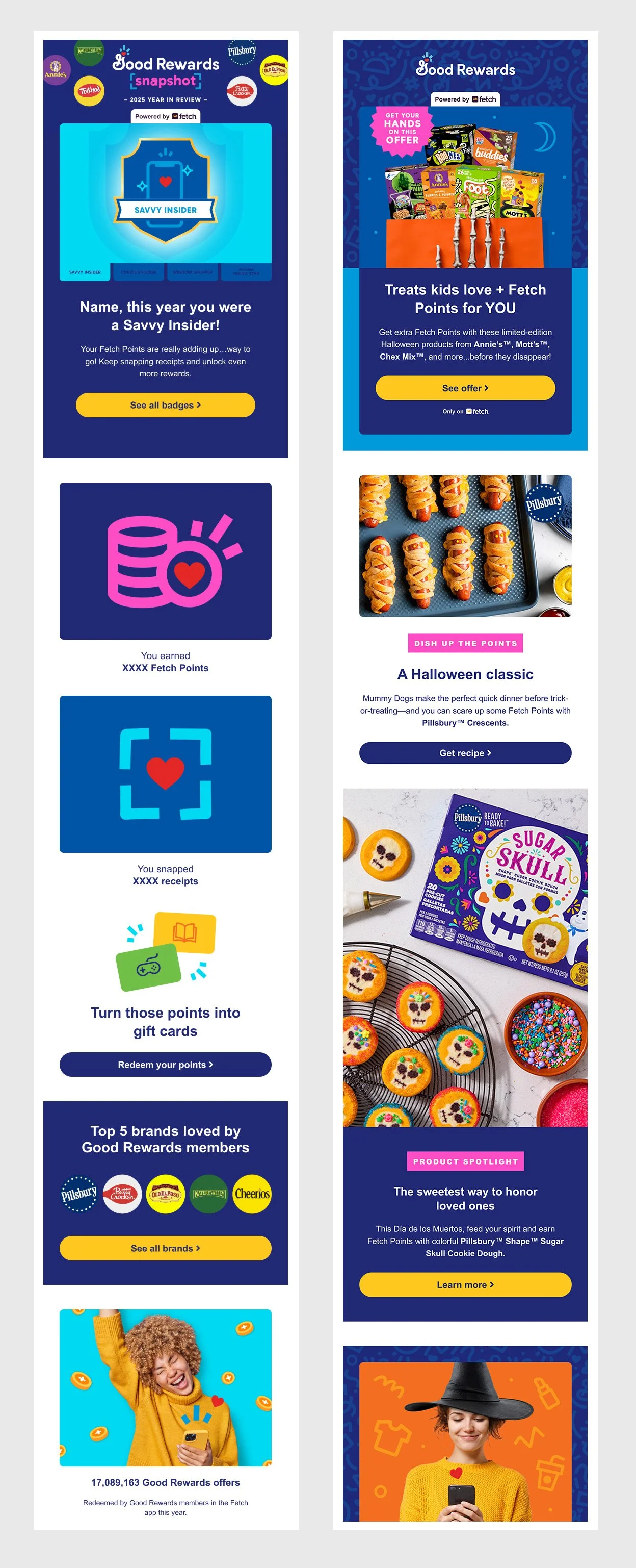 A digital review of a rewards program featuring badges, receipts, gift cards, and promotional images for Pillsbury Halloween treats and products, including pumpkin-shaped cookies, a Sugar Skull cookie dough kit, and Halloween-themed cupcakes.