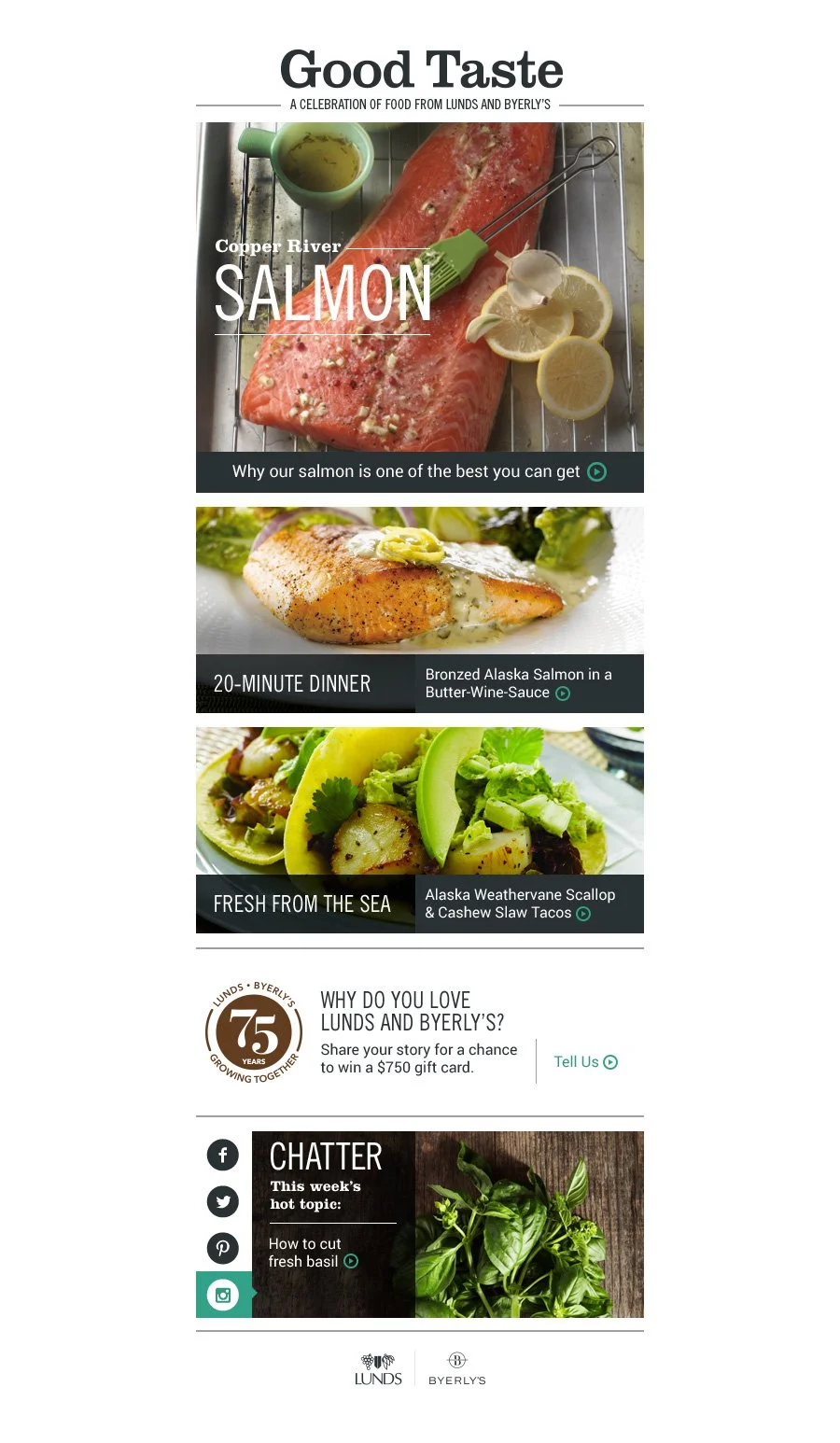Promotional flyer for a food celebration featuring Copper River salmon, brined Alaska salmon in butter-wine sauce, and Southeast sea scallops & cashew slaw tacos.