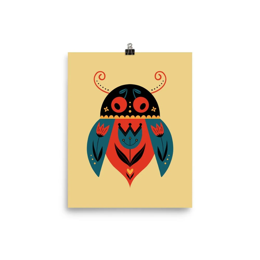 Folk Art Lady Bug Beetle Premium Art Print