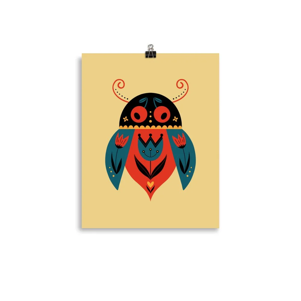 Folk Art Lady Bug Beetle Premium Art Print