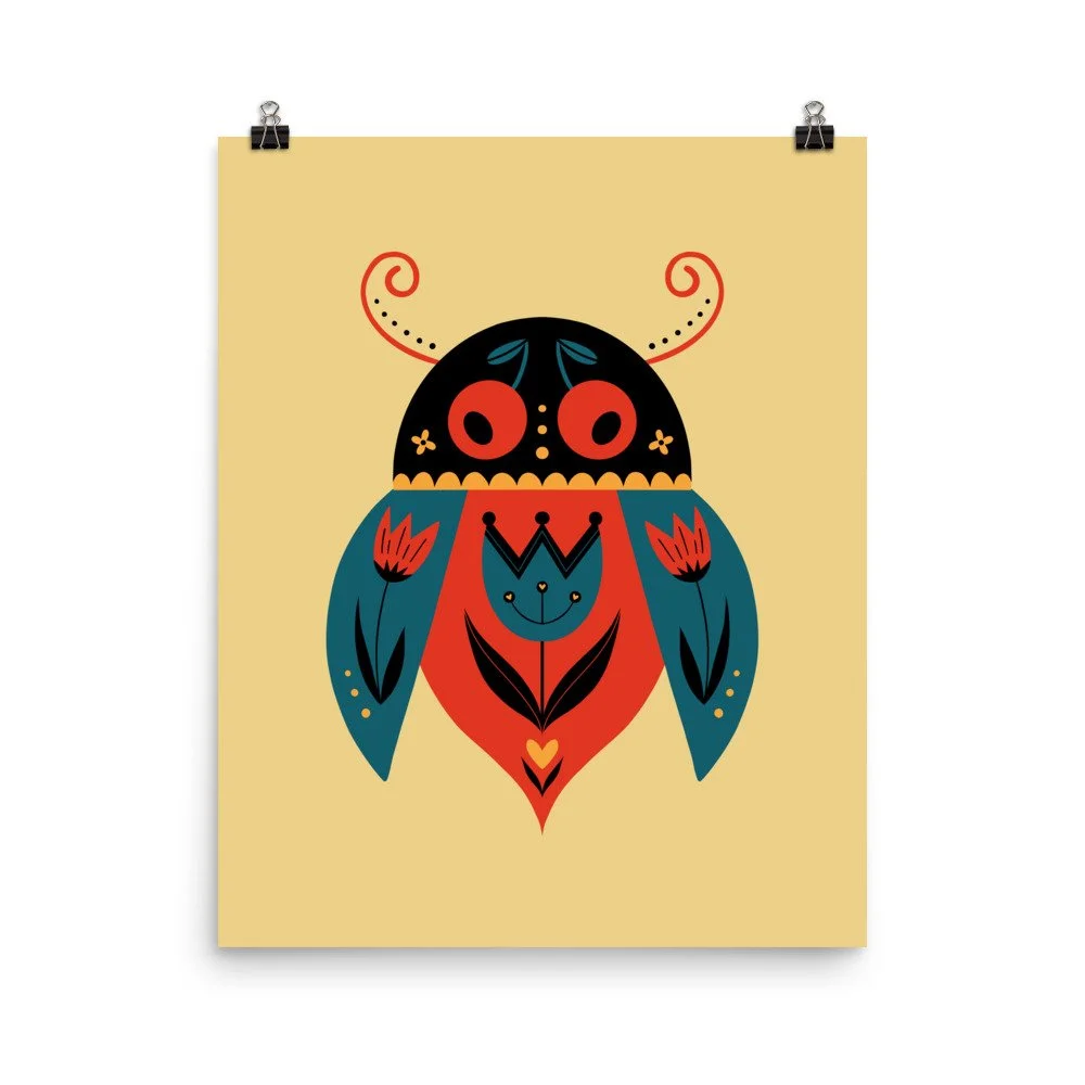 Folk Art Lady Bug Beetle Premium Art Print