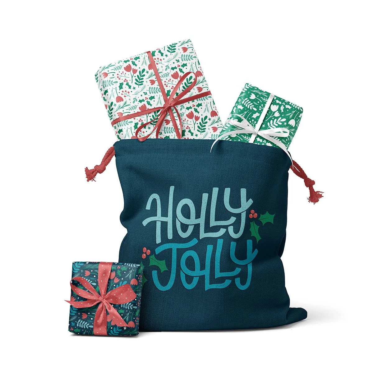 Decorative Christmas gift bag with three wrapped presents inside and outside, featuring holly and berry designs, with the words 'Holly Jolly' on the bag.