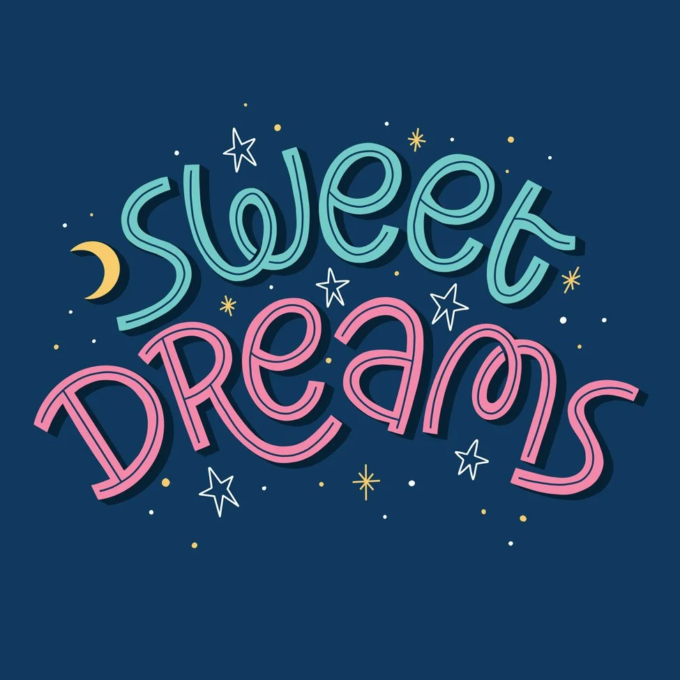 Colorful text reads 'sweet dreams' set against a night sky background with stars, a moon, and small white and yellow dots.