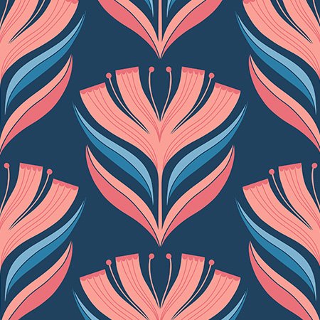 A repeating floral pattern with pink and blue stylized flowers on a dark blue background.
