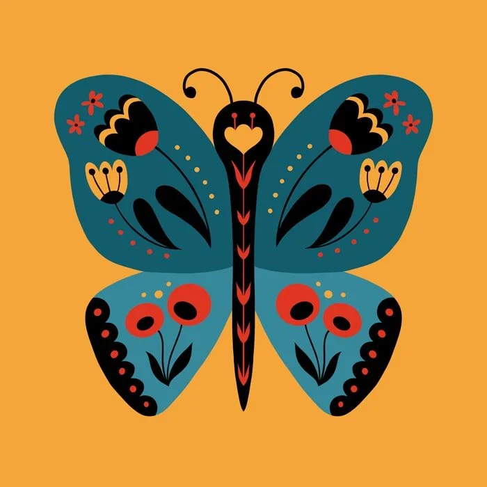 Colorful butterfly with blue, black, red, and yellow details on an orange background.