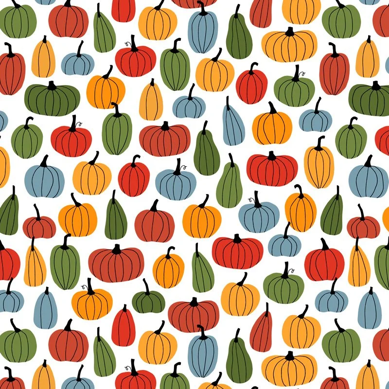 Pattern of colorful pumpkins in orange, red, green, yellow, and blue on a white background.