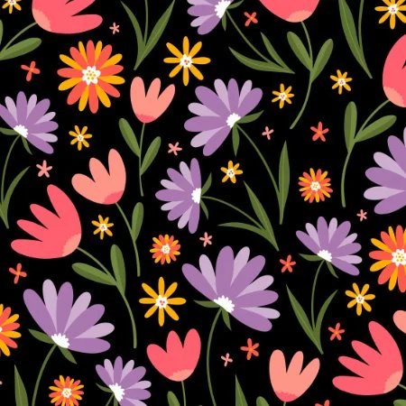 Colorful floral pattern with pink tulips, purple daisies, small yellow, orange, and red flowers, and green leaves on a black background.
