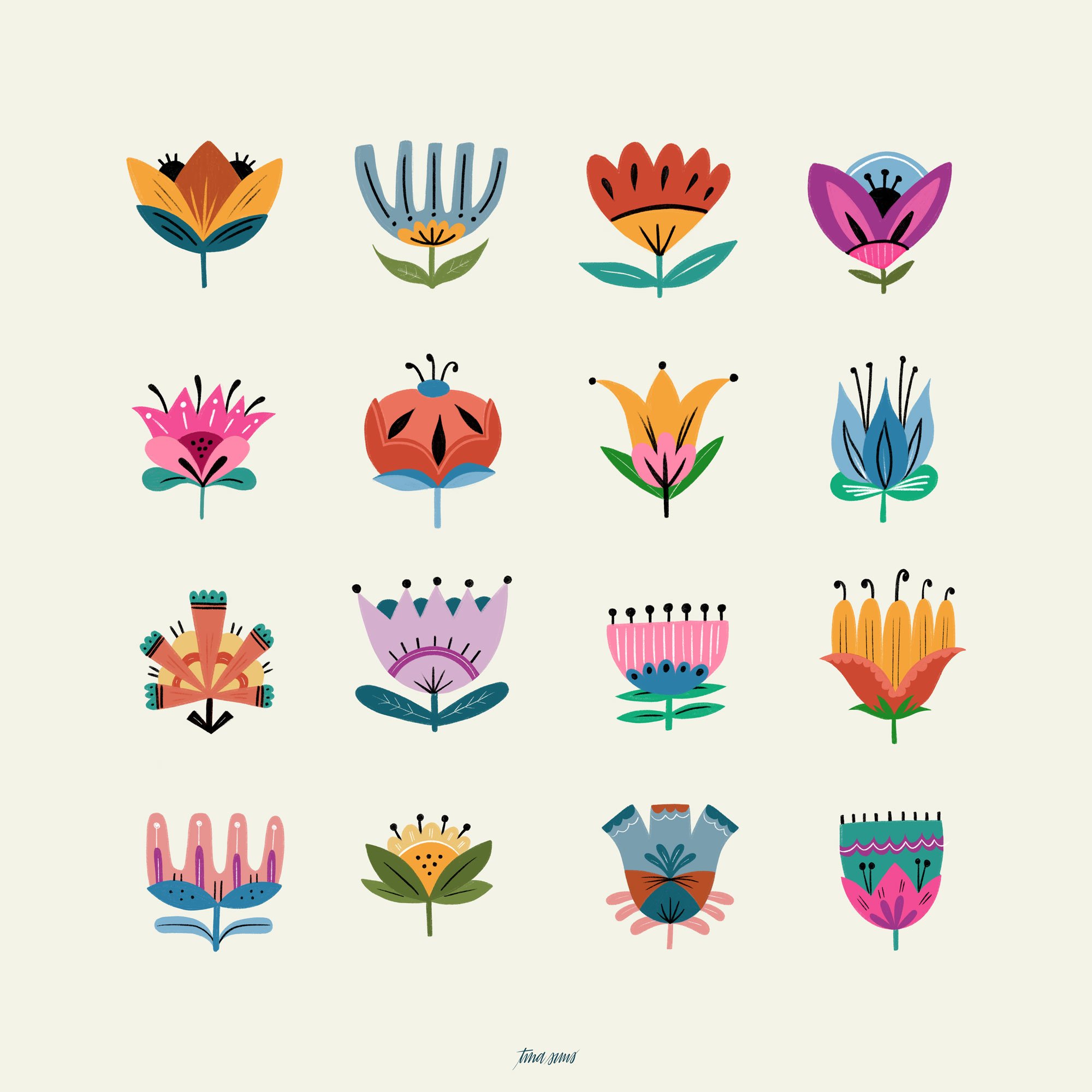 A collection of 16 colorful, stylized floral illustrations arranged in a grid on a light background.
