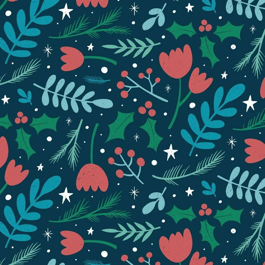 Pattern of Christmas botanical elements including holly leaves, berries, sprigs of pine, and red flowers on a dark background.
