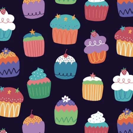 Pattern of colorful cupcakes with various frosting and decorations on a dark background.