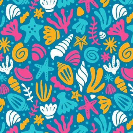Colorful sea shells, starfish, coral, and marine elements on a blue background.