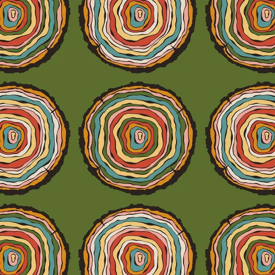 Pattern of colorful concentric circles on a green background.