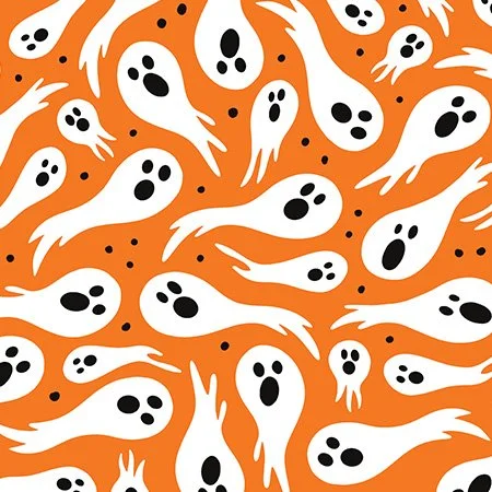 Pattern of cartoon ghosts with black eyes on an orange background.