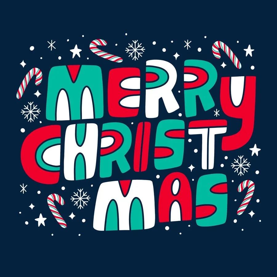 Colorful holiday greeting that says 'Merry Christmas' in a bold, playful font, decorated with snowflakes, stars, and candy canes on a dark background.