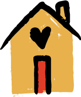 A gold-colored house with a red door and a black heart above.