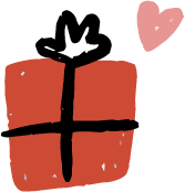A drawing of a gift box with a pink heart above it.